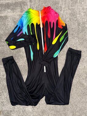 Pixie Lady Black Rainbow Colored Paint Drip Pattern Jumpsuit Onesie Size Medium